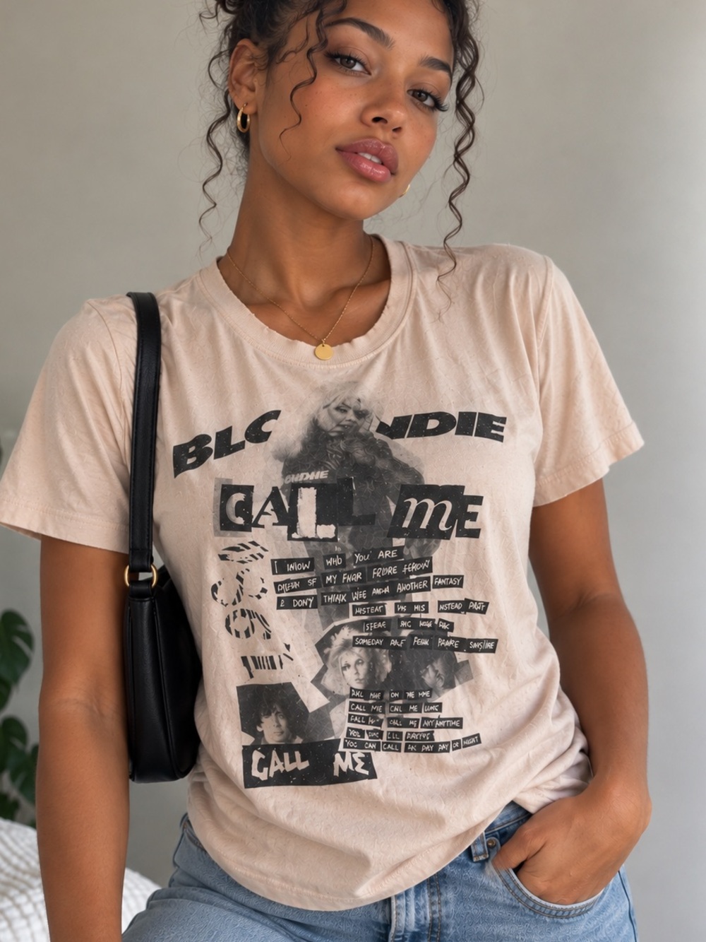 Women's Light Pink Short Sleeve Graphic Tee - Blondie Call Me